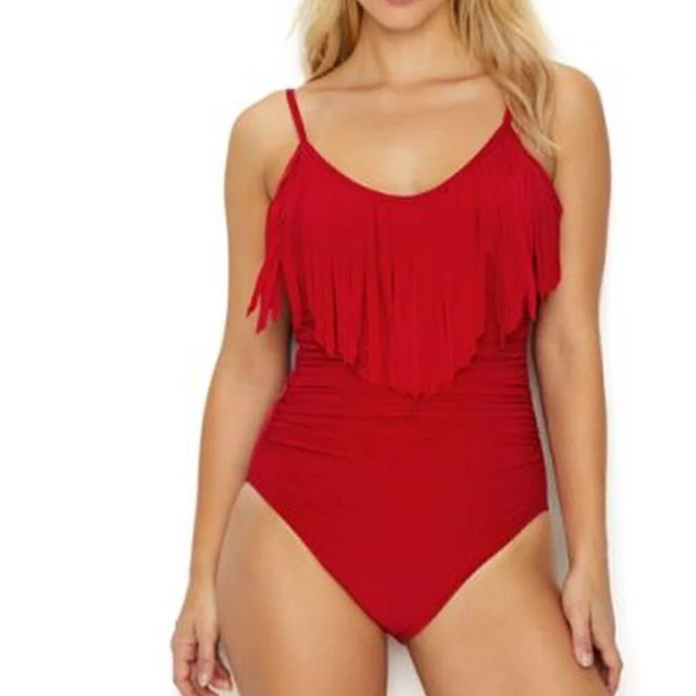 Magicsuit Cherry Red Fringe Blaire One Piece Swimsuit New Size 10